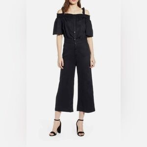 NWT 7 For All Mankind Black Off-Shoulder Linen Blend Cropped Wide Leg Jumpsuit S